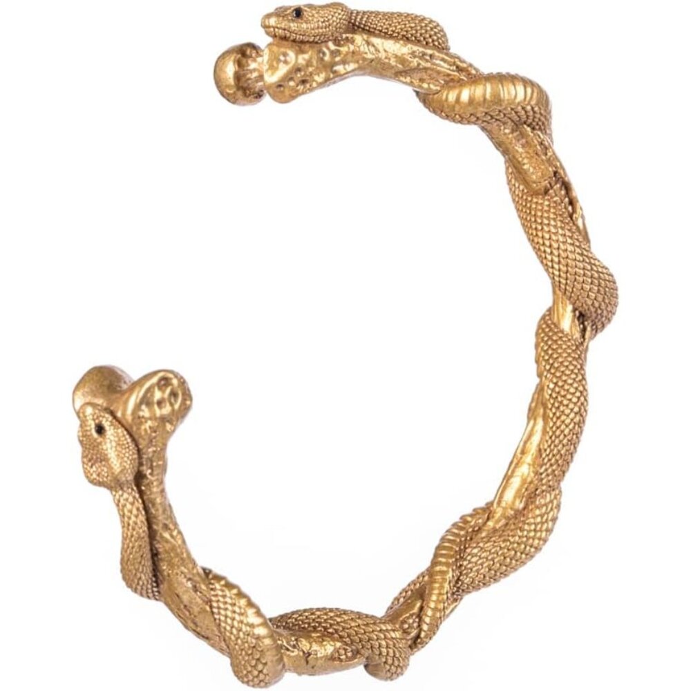 Double Snake Cuff Bracelet: Hand-Carved Brass Bangle With Black Zircon Eyes